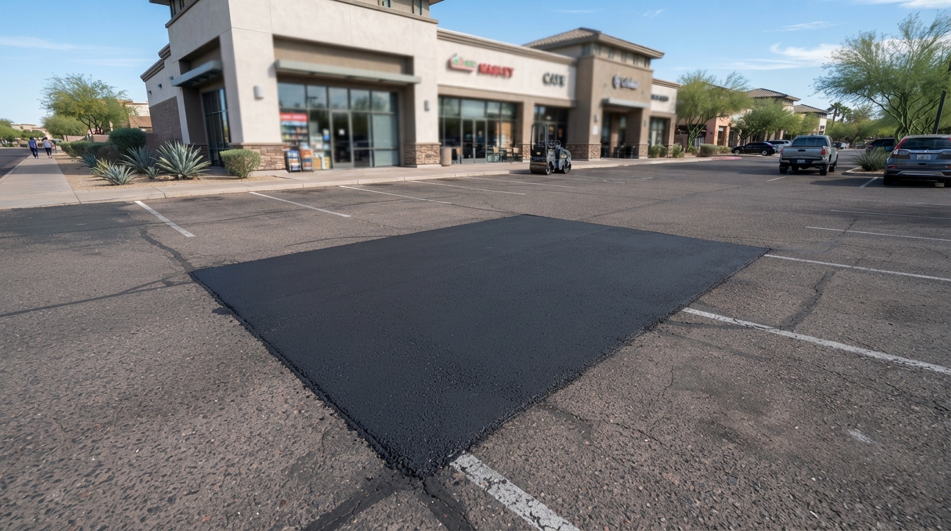 Commercial asphalt repair area prepared for an estimate