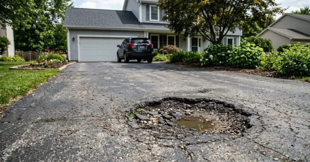 Residential asphalt driveway with a visible area needing repair in Chandler, AZ